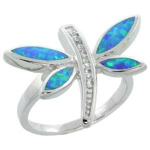 Sterling Silver, Synthetic Opal Inlay Dragonfly Ring, w/ Brilliant Cut 
