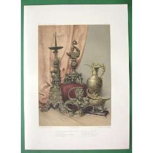   Bronze Candlestick Lamps Ewer   COLOR Antique Print Lithograph