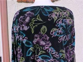 Vikki Vi Slinky Cardigan Shirt Top Black Blue Purple Roses Print in 1X