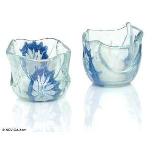  Art glass candleholders, Blue Love Blossoms (pair)