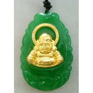   Green Jade Alloy Metal Laughing Buddha Amulet Pendant 