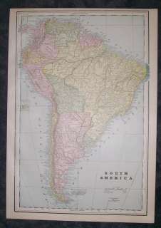 1896 Crams Railway Map of South America. Genuine  