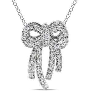  14K White Gold, Diamond Bow Shaped Pendant with Chain, (.4 