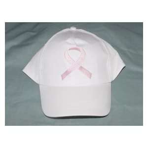  12 White with Pink Ribbon Cap   Breast Cancer Awareness 