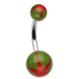   Ring Non Dangling with Green and Red Star Balls and Surgical Steel Bar