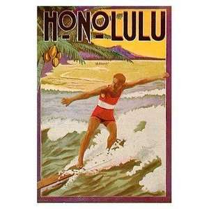  Hawaii Poster Surfing Honolulu 12 inch by 18 inch