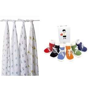   Swaddle Wrap 4 Pack and Trumpette Johnny Socks with Dainty Baby