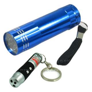 BLUE 9 LED FLASHLIGHT+MINI BLACK 3IN1 LED&UV& LASER POINTER LAMP LIGHT 