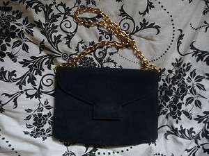 VTG Triangle NYC suede navy handbag hobo shoulder bag gold chunky 