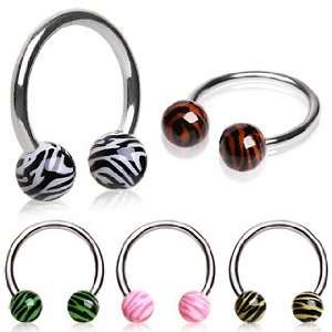 316L Surgical Steel Horse Shoe Barbell with Pink UV Coated Zebra Balls 