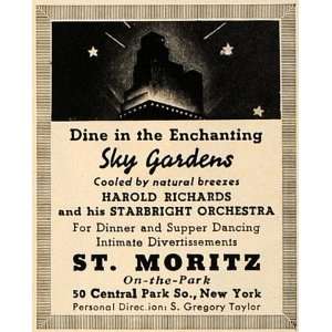  1937 Ad Sky Gardens St Moritz Hotel Harold Richards 