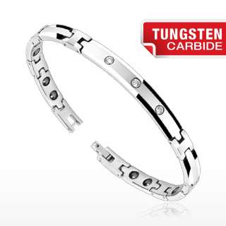   Tungsten Carbide 8.5 Mens CZ Bar Striped Bio Magnetic Bracelet