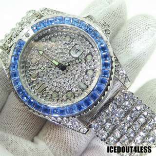   Sapphire Blue and White Mens Fully Iced Out Hip Hop Watch  