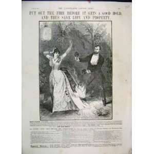  1886 Ball Room Perils Womans Dress Fire Antique Print 
