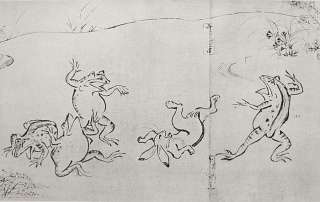 Animals sumo wrestling on the first scroll of Chōjū giga (Frog and 