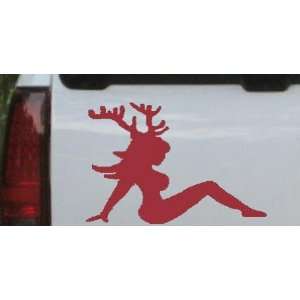Red 14in X 13.5in    Sexy Chic Mud Flap Woman with Deer Horns Hunting 