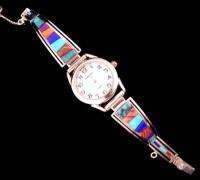 925 Sterling Navajo Gems Inlay Womens Watch Bracelet  