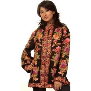 Black Jacket from Kashmir with Ari Embroidered Flowers   Pure Matka 