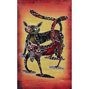   Cats with Fish Indonesian Hand Dyed Batik Fabric Panel