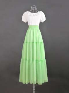   White Green Flounce Flare Skirt Maxi Full Dress S M L XL  