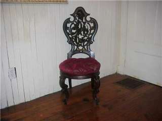 ANTIQUE 1860 MAHOGANY ROSEWOOD~CARVED ROCOCO CHAIR~INTRICATE CARVINGS 