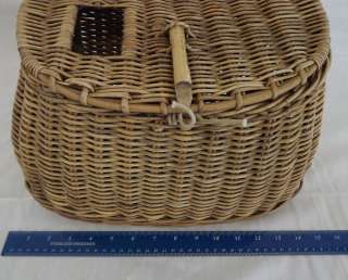   Antique Fishing Creel Woven Basket Shoulder Strap Willow Wood  
