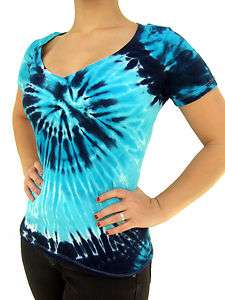 Ladies Deep V Neck Tie Dye Blue Spiral Fitted T Shirt  