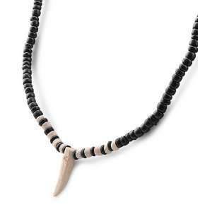 Wooden Necklace with 17.5 Black and White Beaded Chain   Shark Tooth 