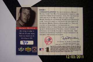   DECK MICKEY MANTLE 1st EVER GAME USED BAT AUTO #MM BC1 #7/7 UDA  
