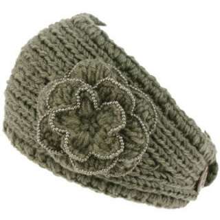 Hand Knit Headwrap Headband Chunky Flower Beaded Gray  