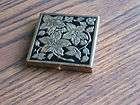 ANTIQUE SQUARE GOLD & BLACK MIRROR COMPACT w/ LEAVES & POWDER PUFF 