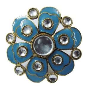 Iba Indian Fashion Adjustable Gold Tone Ring Sky Blue Enamel Floral 