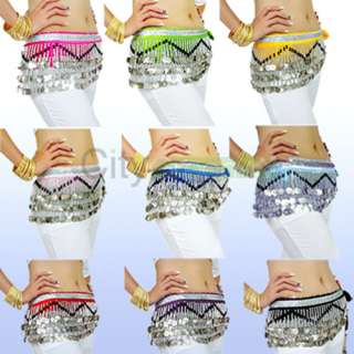 Belly Dance Hip Skirt Scarf Wrap Belt W/ 258 Silver Coins Velvet 9 