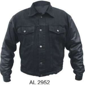  Mens Black 100% Cotton Denim Jacket W/ Leather Sleeves 