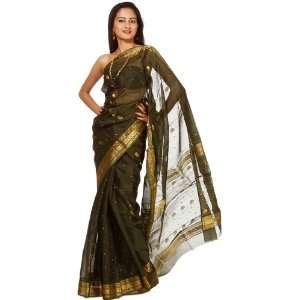  Rifle Green Chanderi Sari with Golden Woven Flowers and 