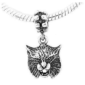  Sterling Silver Bobcat Head Dangle Bead Charm Jewelry