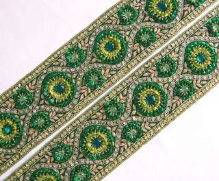 Hand Beaded Jacquard Trim. Sequins. Green. Very Wide  