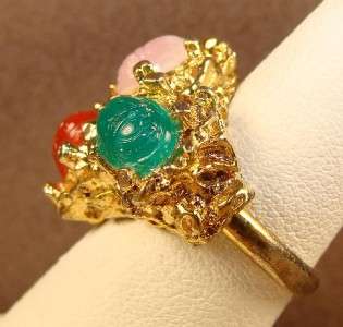 Vtg Chunky Goldtone Pink Green Red Scarab Ring  