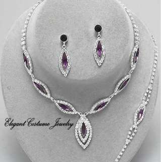 Prom Formal Jewelry Bridal Bridesmaid Purple Crystal Bracelet Necklace 