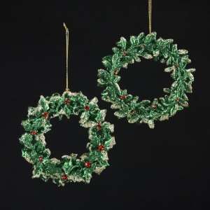  Pack of 24 Green and Gold Glittered Holly Berry Wreath 
