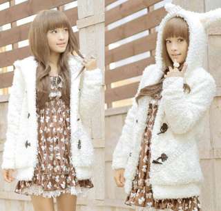 Womens Girls Cute Warm Bunny Ears Sherpa Hoodie Coat Jacket Outerwear 