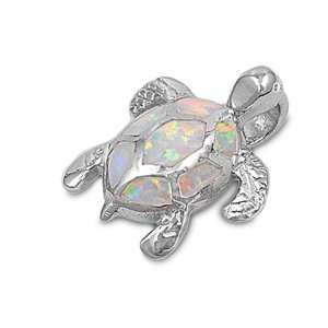   Silver & White Opal Swimming Kemps Ridley Sea Turtle Pendant Jewelry