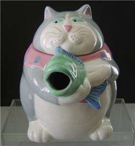 Fitz & Floyd Fat Cat Holding Fish Tea Pot Porcelain Vintage  
