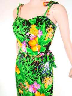 VTG Bombshell Floral Barkcloth HAWAIIAN Side Tie Sarong Maxi Dress S/M 