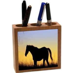  KnightTM Horse Silhouette on Yellow Blue Sunset 5 Inch Tile Maple 