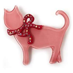  Cat With Crystal Bow Plastic Brooch (Pink & Crimson 