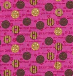 Girl Scout Cookies and Words on Fuschia Quilt Fabric by Robert Kaufman 