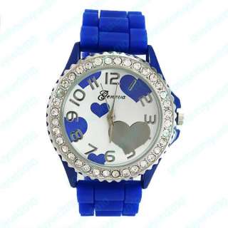 Girls Heart Case Design Crystal Silicone Rubber Dark Blue Lady Wrist 