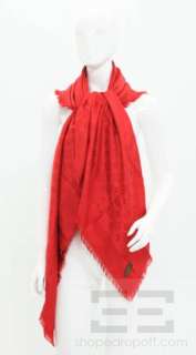 Louis Vuitton Red Silk & Wool Monogram Fringe Trim Wrap Shawl  