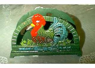 GORGEOUS HAND PAINTED COLORFUL CAST IRON ROOSTER NAPKIN HOLDER  